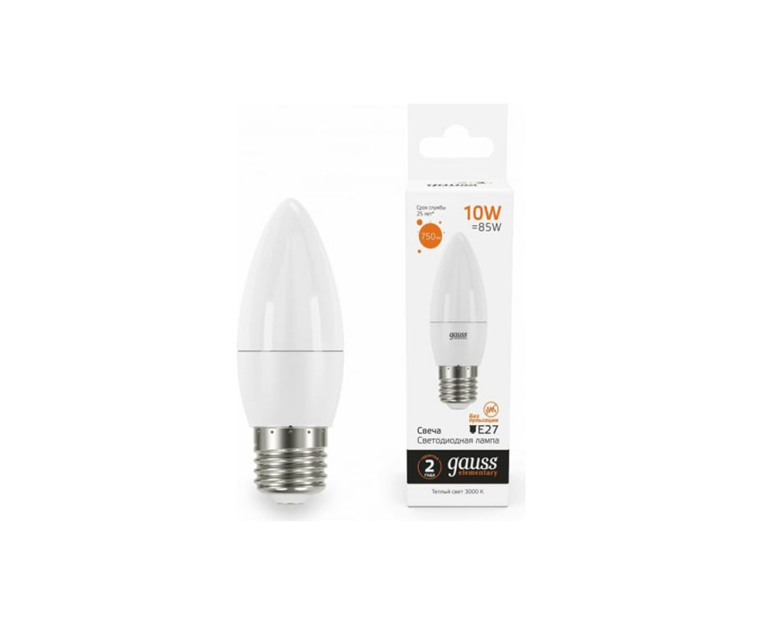 ნათურა 10W 750lm 3000K E27 LED 1/10 Gauss Elementary Candle — ნათურა და ვაზნა